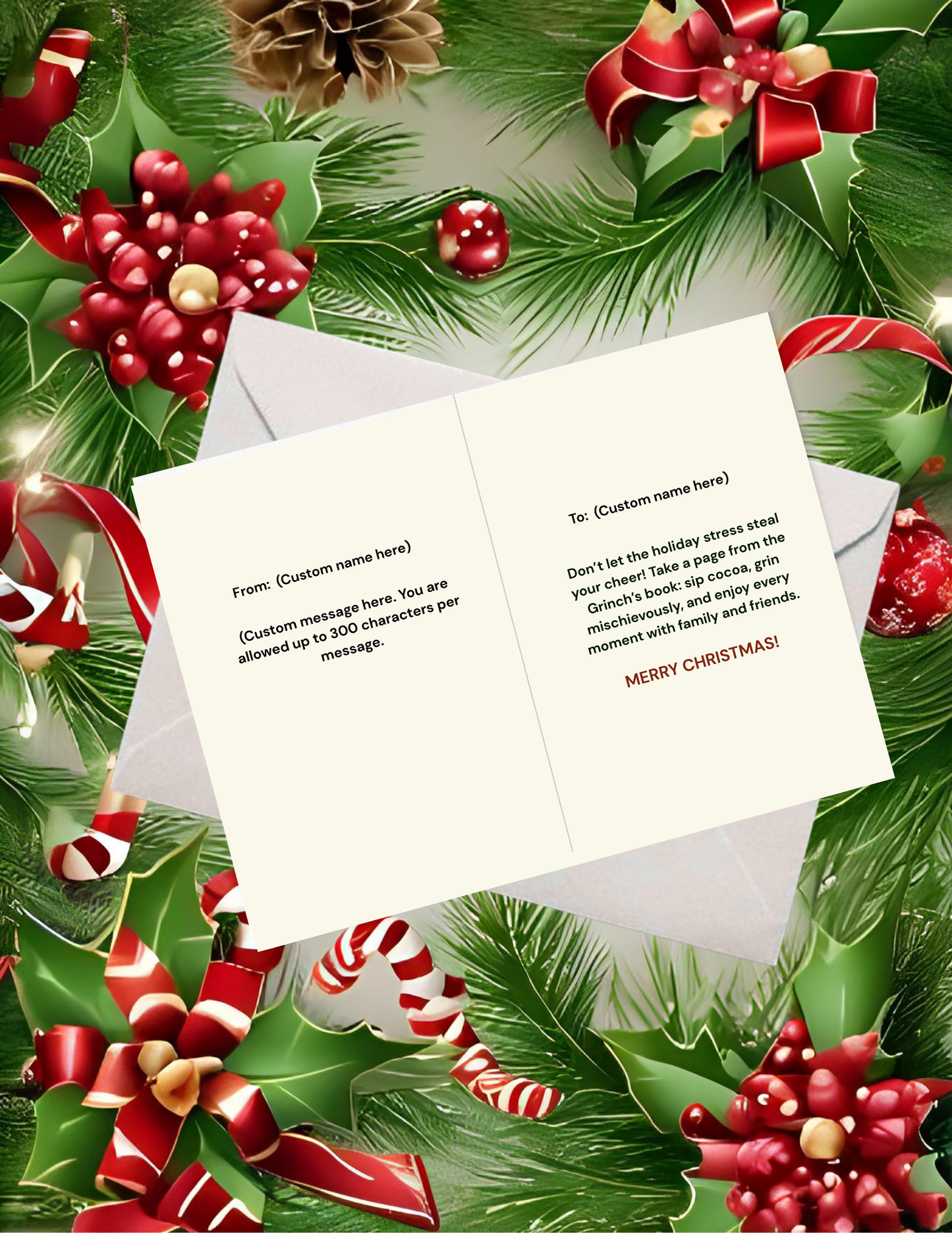 Customizable - Grinch-Themed Pack of 10 Greeting Cards – Don't Let holiday stress, steal your cheer! - Festive Holiday Cheer -