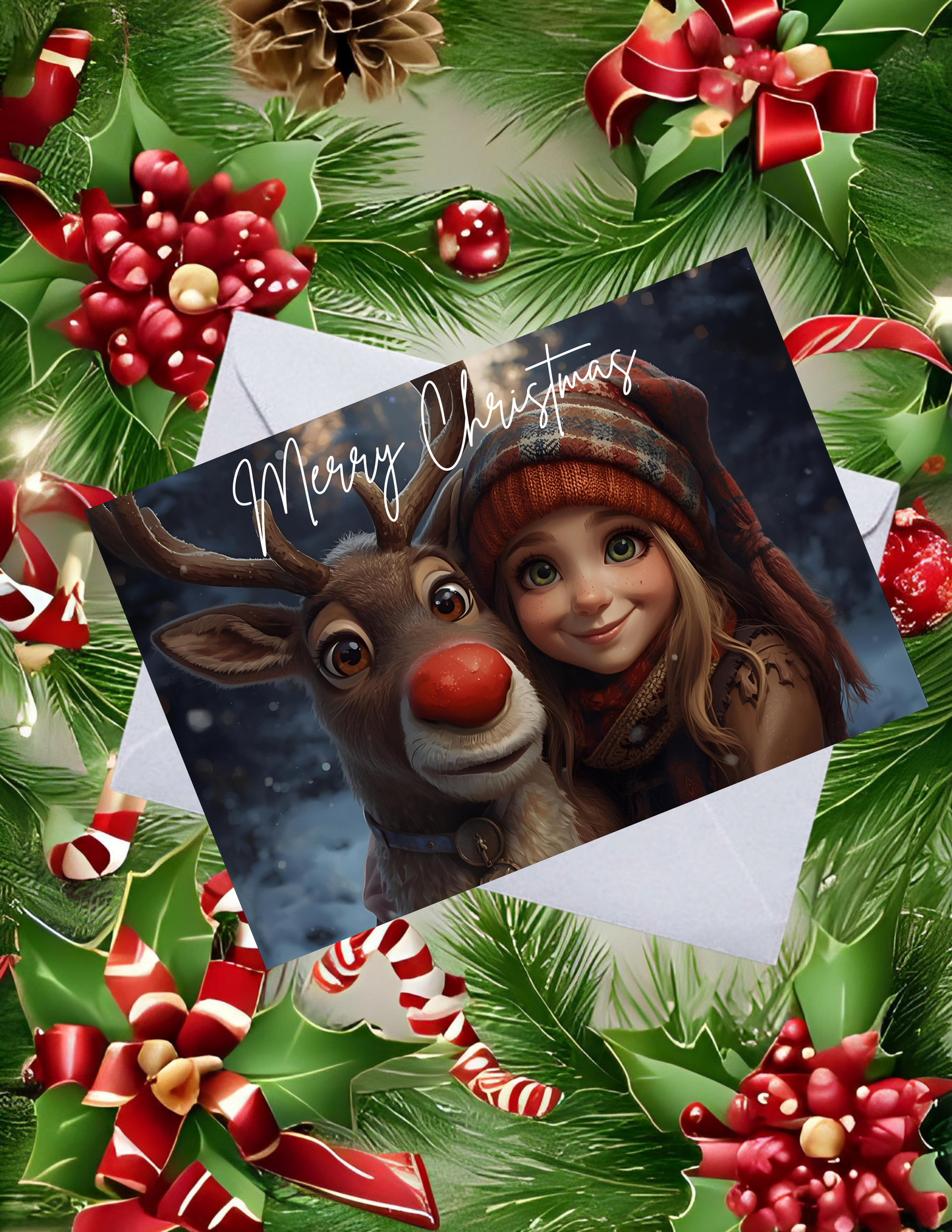Whimsical Pack of 10 Personalized Greeting Cards – Just a Girl and Her Reindeer - Merry Christmas
