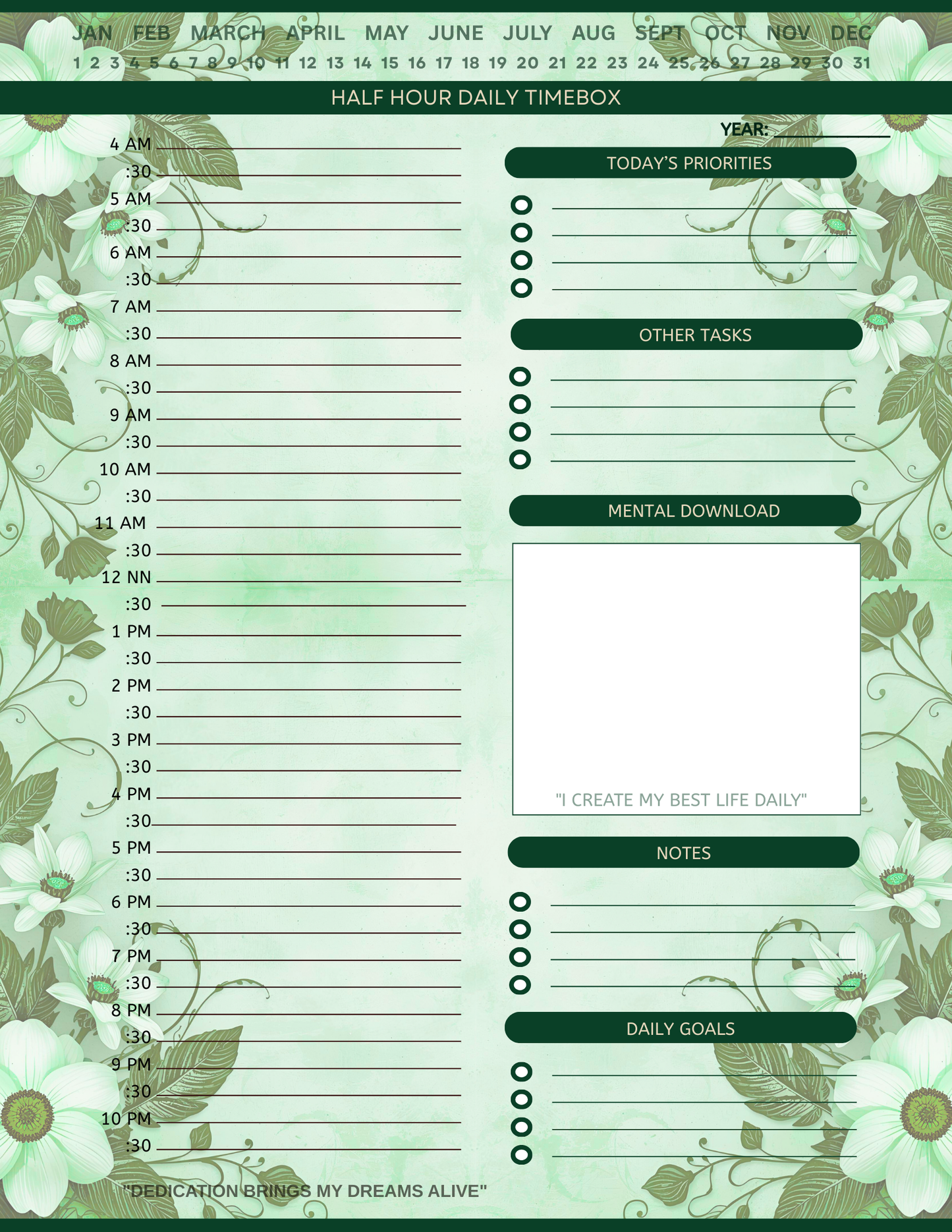 Half Hour Daily Planner - Template Pages Only