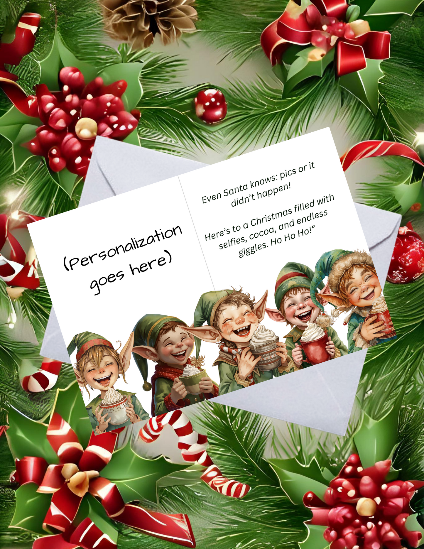 Whimsical Personalized Christmas Greeting Card Pack (10) – Santa's Selfie with Elves & Rudolph