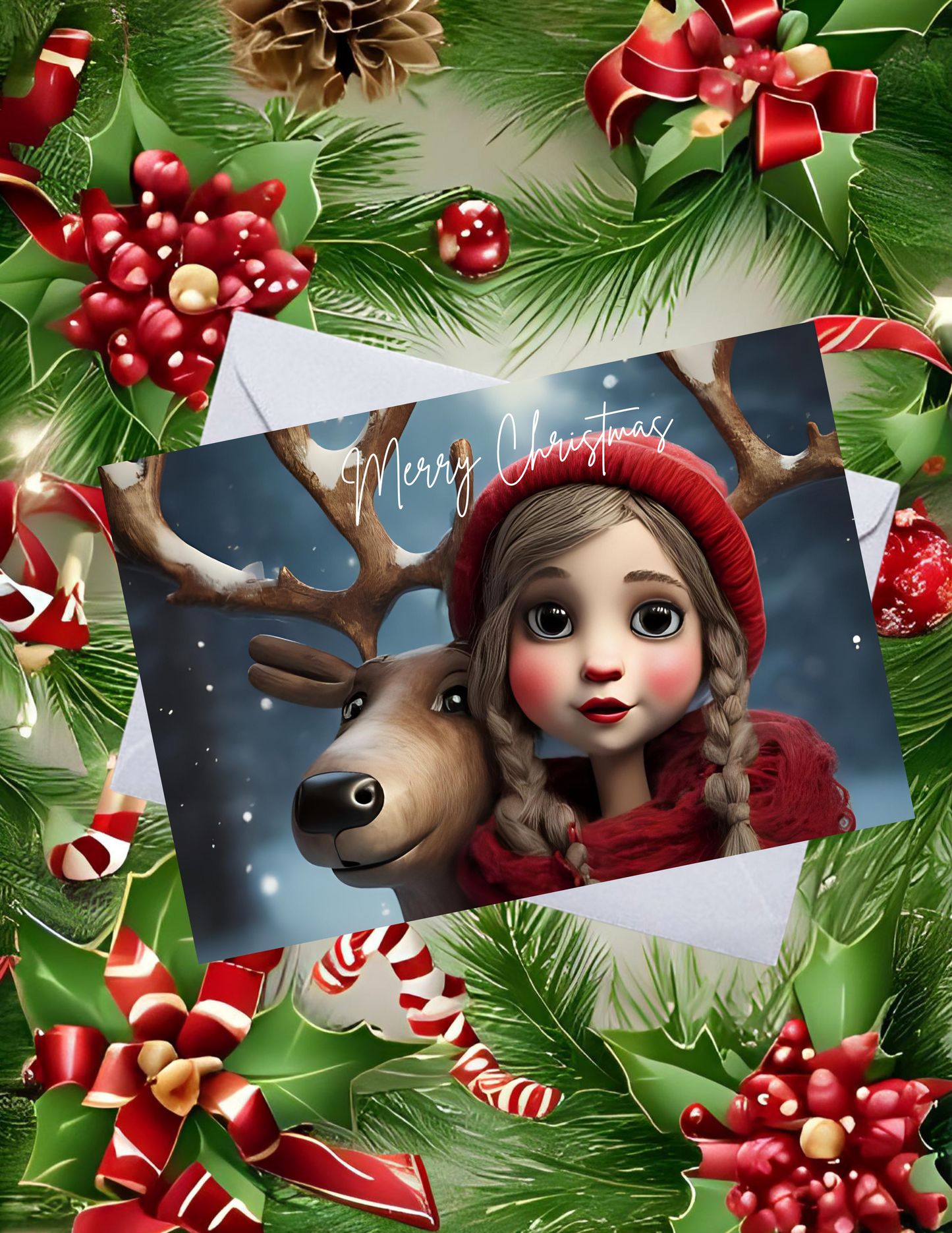 Whimsical Pack of 10 Personalized Greeting Cards – Just a Girl and Her Reindeer - Merry Christmas