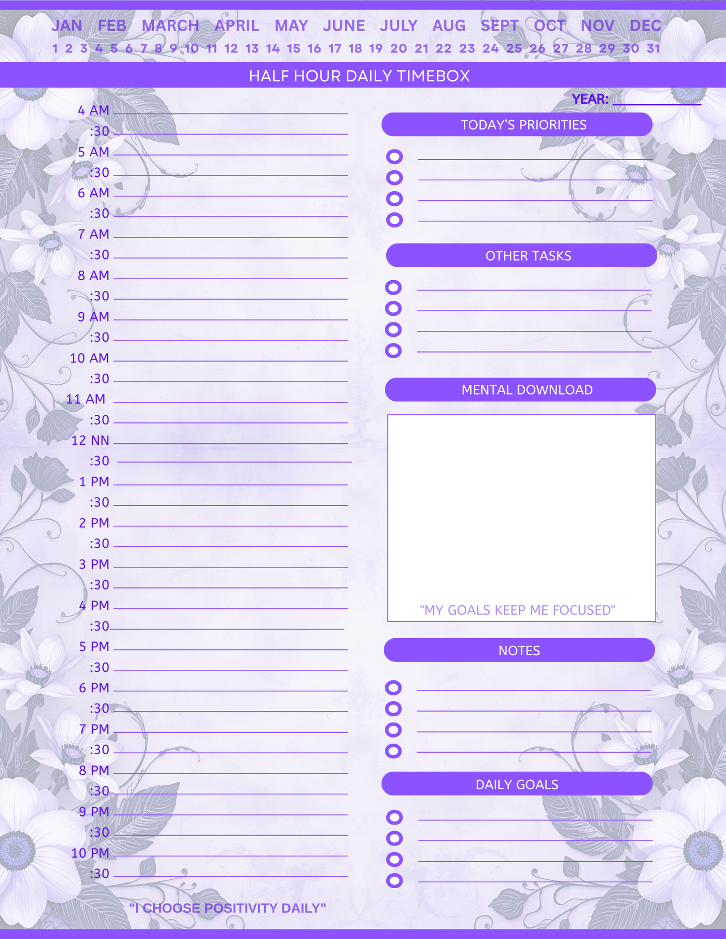 Half Hour Daily Planner - Template Pages Only