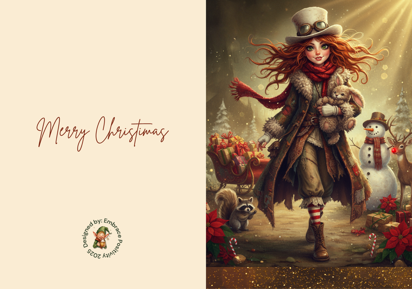 Whimsicle Elf Christmas Card Bundle - Digital Download featuring a steampunk-style elf girl holding a teddy bear, surrounded by festive elements like reindeer, snowman, and holiday lights. Includes 'Merry Christmas' text and is ideal for printable holiday stationery and DIY card making.