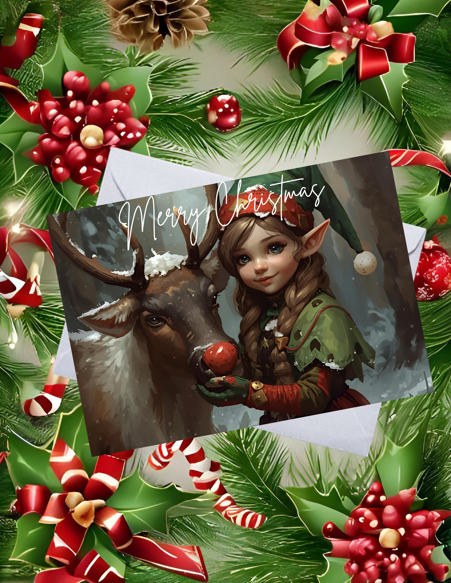 Whimsical Pack of 10 Personalized Greeting Cards – Just a Girl and Her Reindeer - Merry Christmas