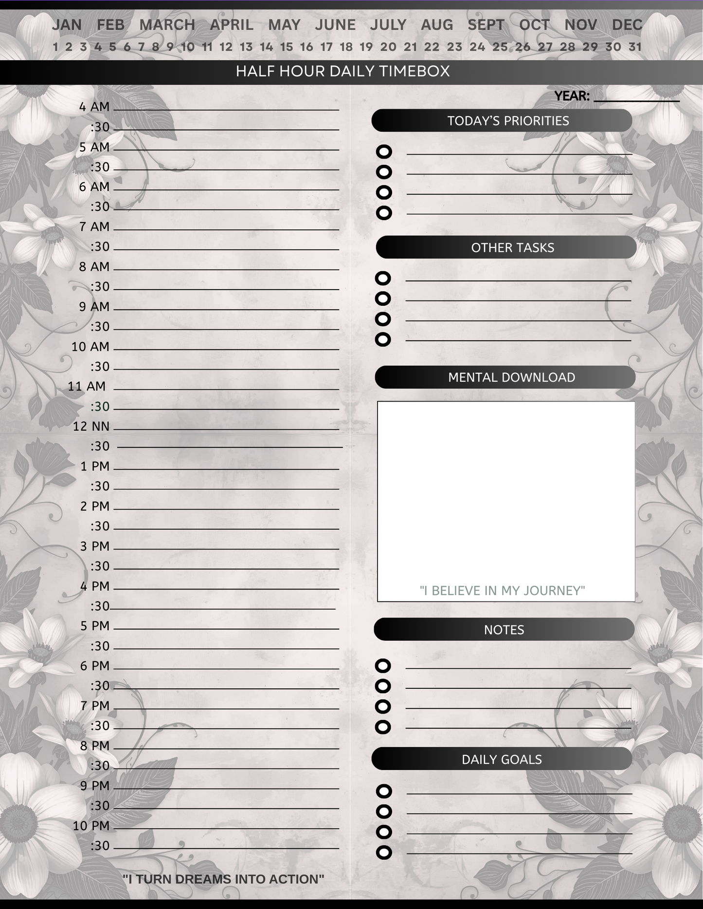 Half Hour Daily Planner - Template Pages Only
