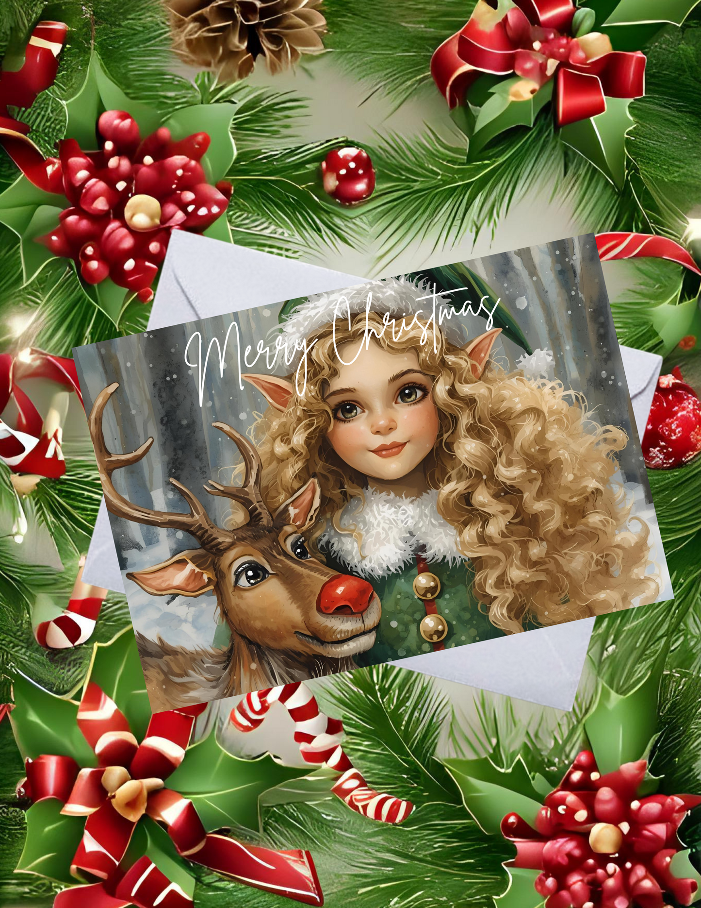 Whimsical Pack of 10 Personalized Greeting Cards – Just a Girl and Her Reindeer - Merry Christmas