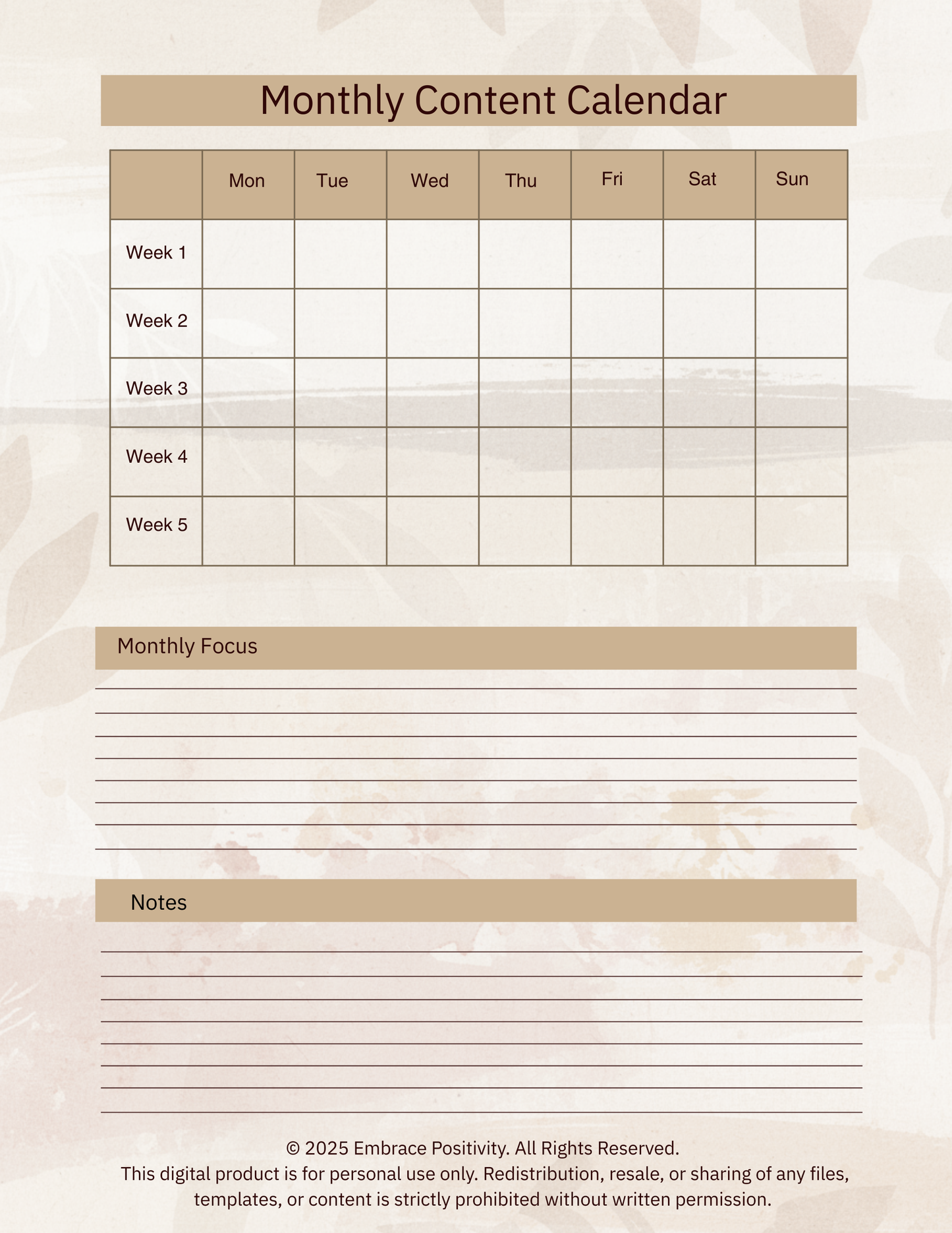 The Embrace Positivity Content Creator Planner - Digital Marketing Content Planner Set — Daily, Weekly & Monthly | Canva-Ready