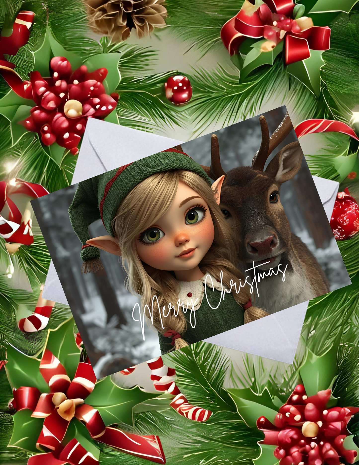Whimsical Pack of 10 Personalized Greeting Cards – Just a Girl and Her Reindeer - Merry Christmas