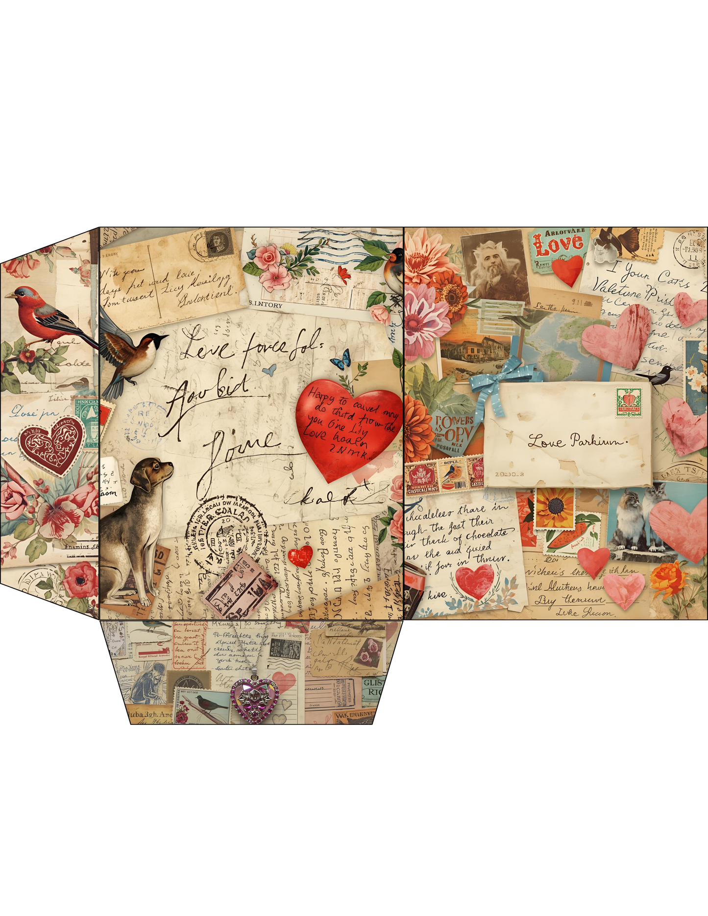 Printable Junk Journal Kit – 65 Pages Nostalgic Love Collage | Vintage Ephemera Tags & Pockets | Digital Download