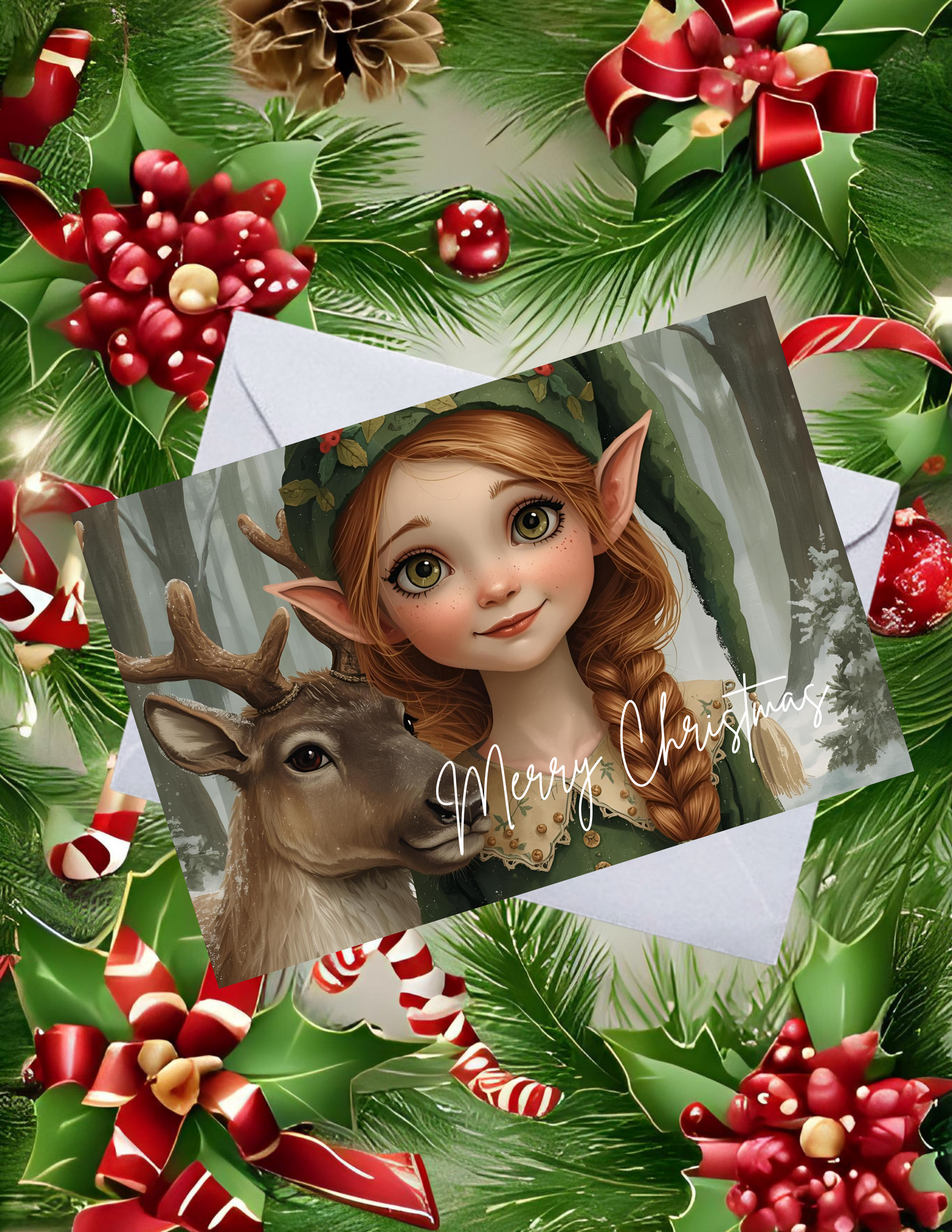 Whimsical Pack of 10 Personalized Greeting Cards – Just a Girl and Her Reindeer - Merry Christmas