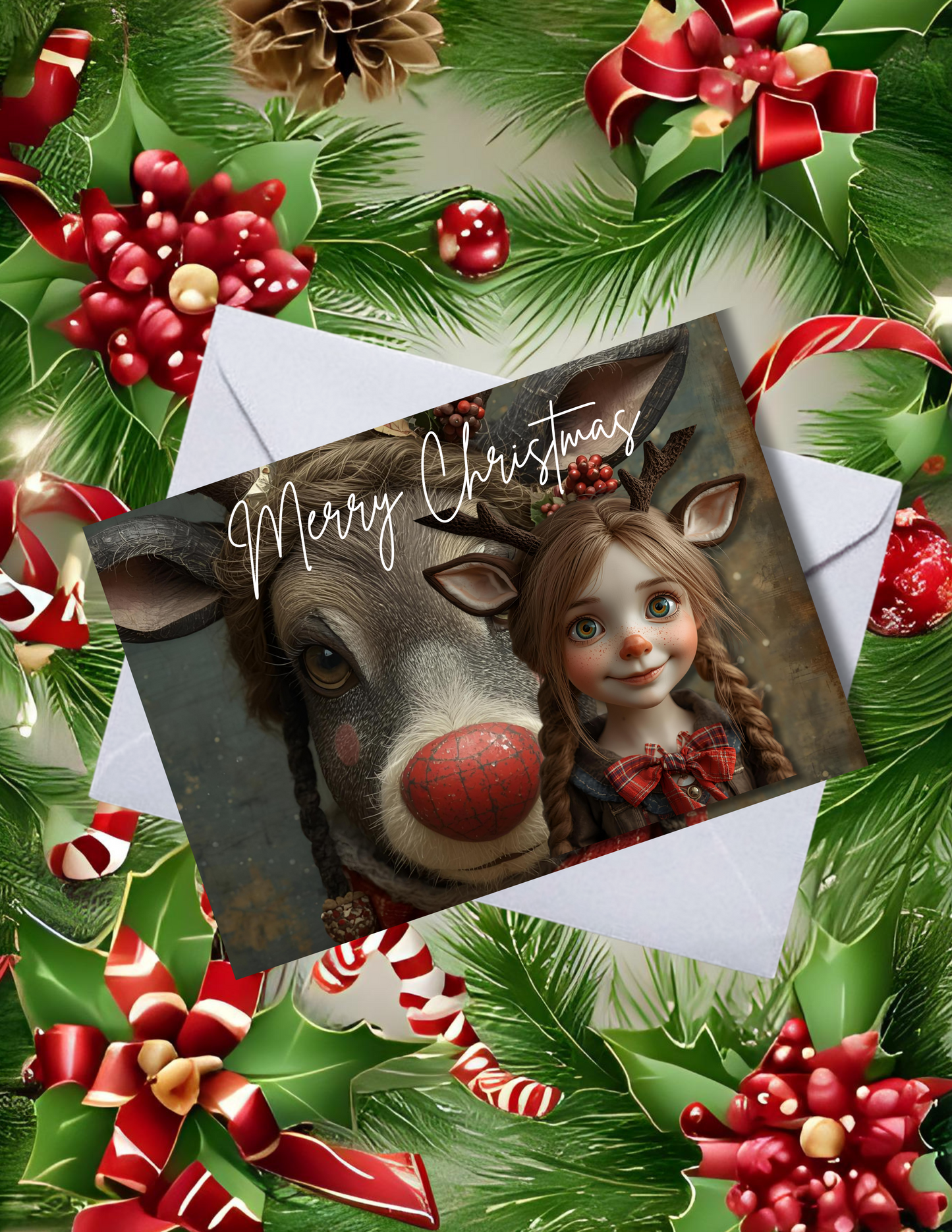 Whimsical Pack of 10 Personalized Greeting Cards – Just a Girl and Her Reindeer - Merry Christmas