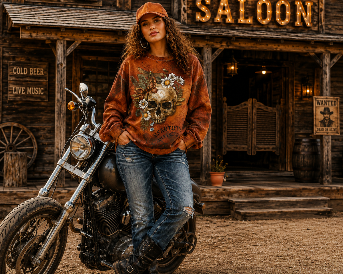 Bohemian Skull Sweatshirt | Beautiful Disaster Fashion, Cozy Fall Apparel, Unique Gifts for Him & Her, Casual Streetwear, Edgy Vintage Style