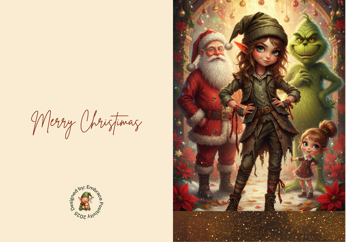 Whimsicle Elf Christmas Card Bundle - Digital Download featuring a confident elf girl in festive attire, surrounded by Santa, a green creature, and children. Includes 'Merry Christmas' text and holiday-themed background, ideal for printable holiday stationery and DIY greeting cards.