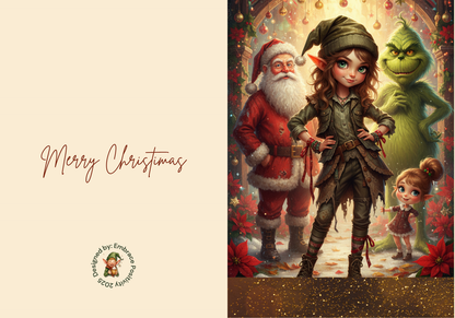 Whimsicle Elf Christmas Card Bundle - Digital Download featuring a confident elf girl in festive attire, surrounded by Santa, a green creature, and children. Includes 'Merry Christmas' text and holiday-themed background, ideal for printable holiday stationery and DIY greeting cards.