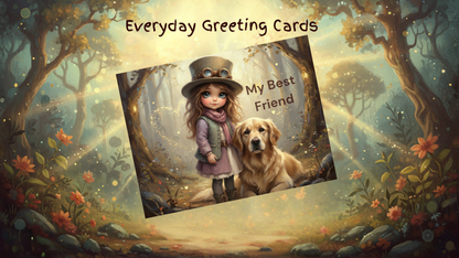 Whimsical greeting card with Vagaboon Girl and golden retriever titled 'My Best Friend,' ideal for spreading joy and self-love, Canva compatible.
