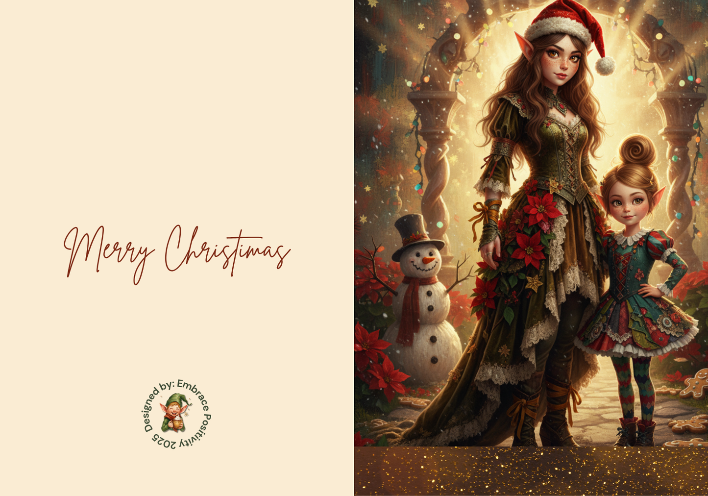 Whimsicle Elf Christmas Card Bundle - Digital Download featuring a festive elf mother and daughter in holiday attire with snowman and glowing lights.