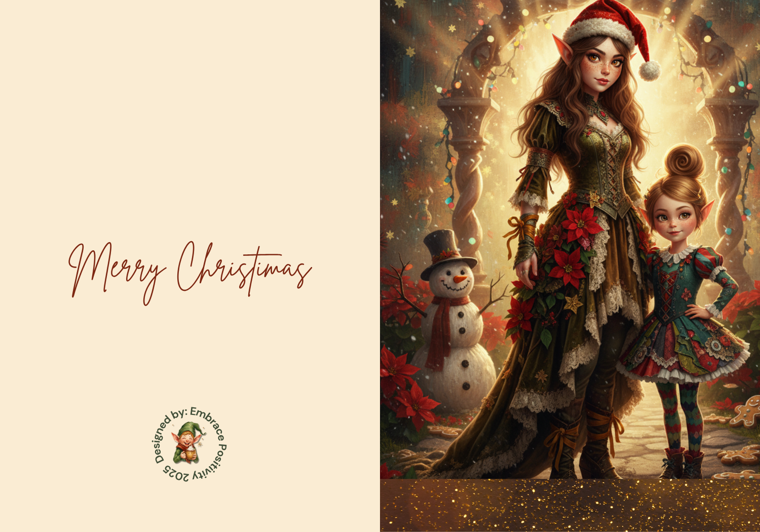 Whimsicle Elf Christmas Card Bundle - Digital Download featuring a festive elf mother and daughter in holiday attire with snowman and glowing lights.