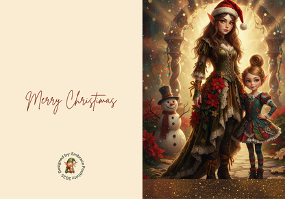 Whimsicle Elf Christmas Card Bundle - Digital Download featuring a festive elf mother and daughter in holiday attire with snowman and glowing lights.