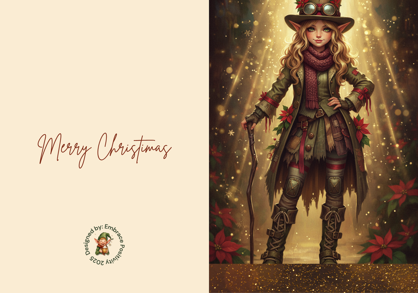 Whimsicle Elf Christmas Card Bundle - Digital Download featuring a steampunk-style elf girl in festive attire with poinsettias and golden lights. Includes 'Merry Christmas' text and is ideal for holiday stationery and printable card projects.