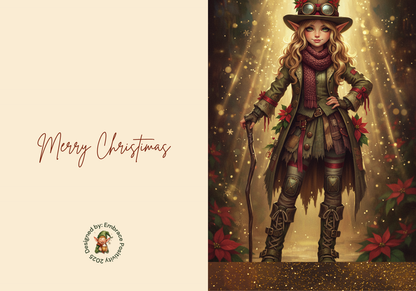 Whimsicle Elf Christmas Card Bundle - Digital Download featuring a steampunk-style elf girl in festive attire with poinsettias and golden lights. Includes 'Merry Christmas' text and is ideal for holiday stationery and printable card projects.