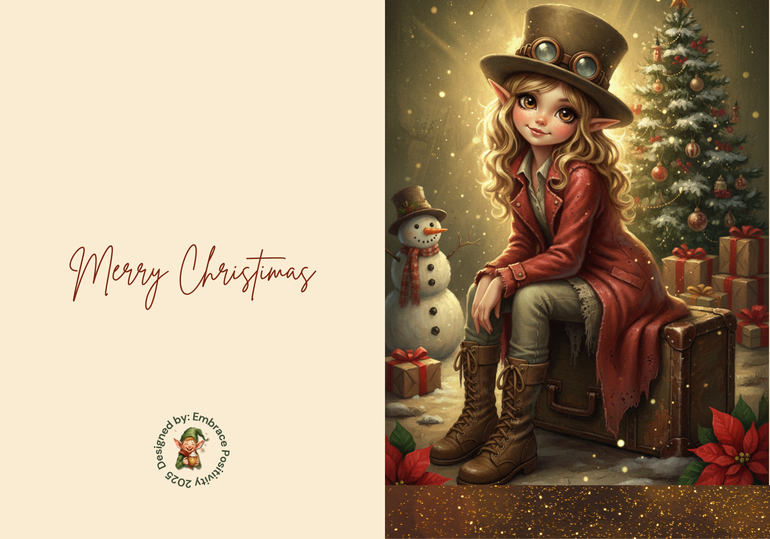 Whimsicle Elf Christmas Card Bundle - Digital Download featuring a steampunk-style elf girl sitting on a suitcase with gifts and a snowman in the background. Includes festive design perfect for printable holiday cards and DIY Christmas stationery.