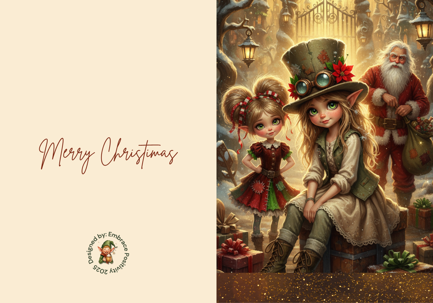 Whimsicle Elf Christmas Card Bundle - Digital Download featuring a festive elf girl in a steampunk hat, a young elf, and Santa with gifts in a snowy village scene. Includes 'Merry Christmas' text and designed by Embrace Positivity logo, ideal for holiday stationery and printable cards.
