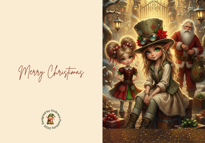 Whimsicle Elf Christmas Card Bundle - Digital Download featuring a festive elf girl in a steampunk hat, a young elf, and Santa with gifts in a snowy village scene. Includes 'Merry Christmas' text and designed by Embrace Positivity logo, ideal for holiday stationery and printable cards.