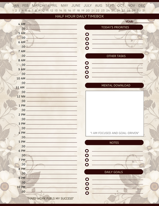 Half Hour Daily Planner - Template Pages Only