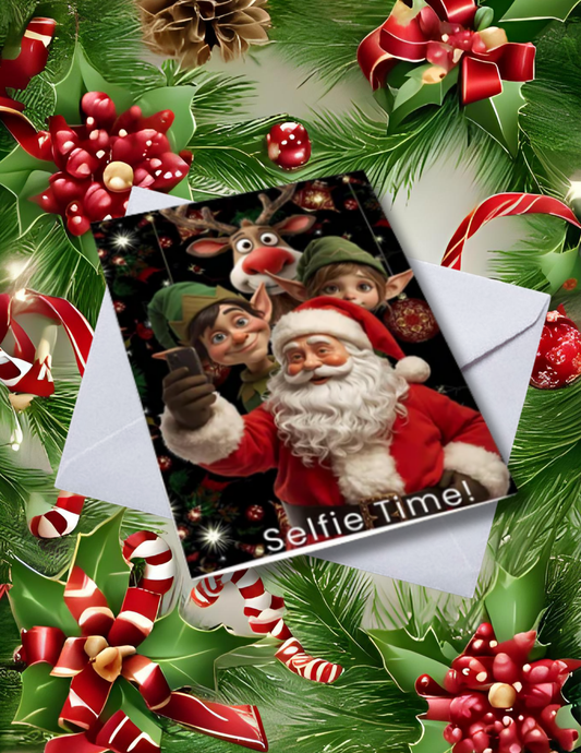 Whimsical Personalized Christmas Greeting Card Pack (10) – Santa's Selfie with Elves & Rudolph