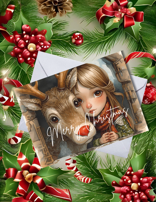 Whimsical Pack of 10 Personalized Greeting Cards – Just a Girl and Her Reindeer - Merry Christmas