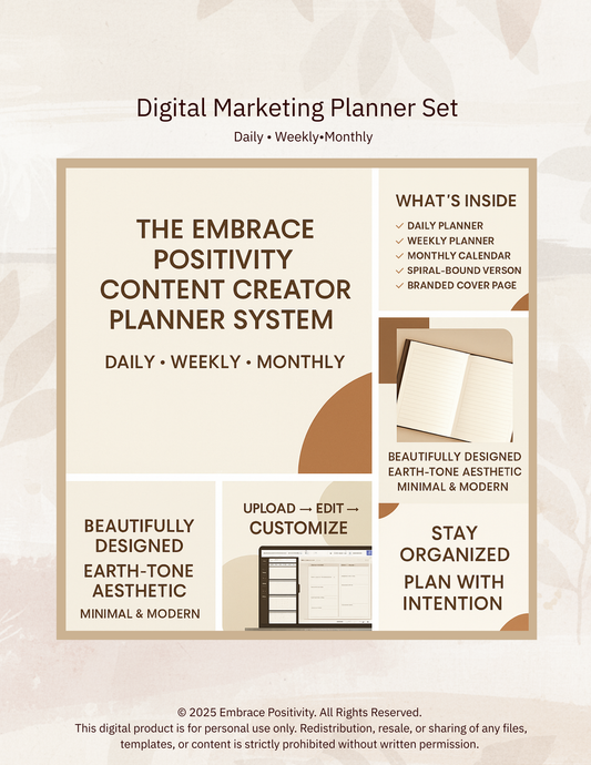 The Embrace Positivity Content Creator Planner - Digital Marketing Content Planner Set — Daily, Weekly & Monthly | Canva-Ready