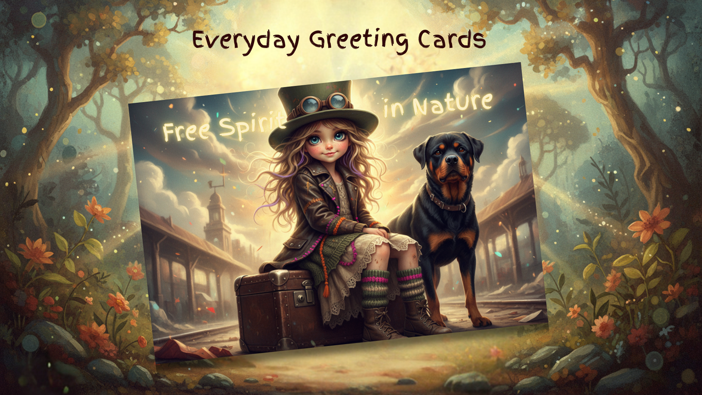 Digital greeting card featuring Vagaboon Girl with a Rottweiler, labeled 'Free Spirit in Nature' in a magical forest setting, Canva and Gelato ready.