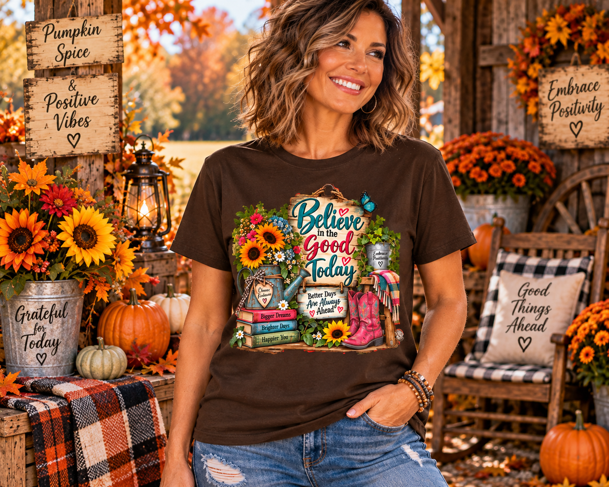 Believe In The Good Today T-Shirt — Floral Inspirational Graphic Tee for Readers & Teachers
