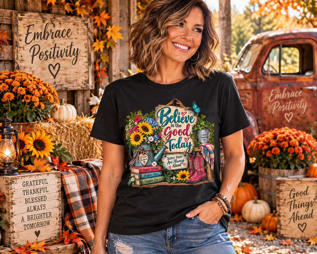 Believe In The Good Today T-Shirt — Floral Inspirational Graphic Tee for Readers & Teachers
