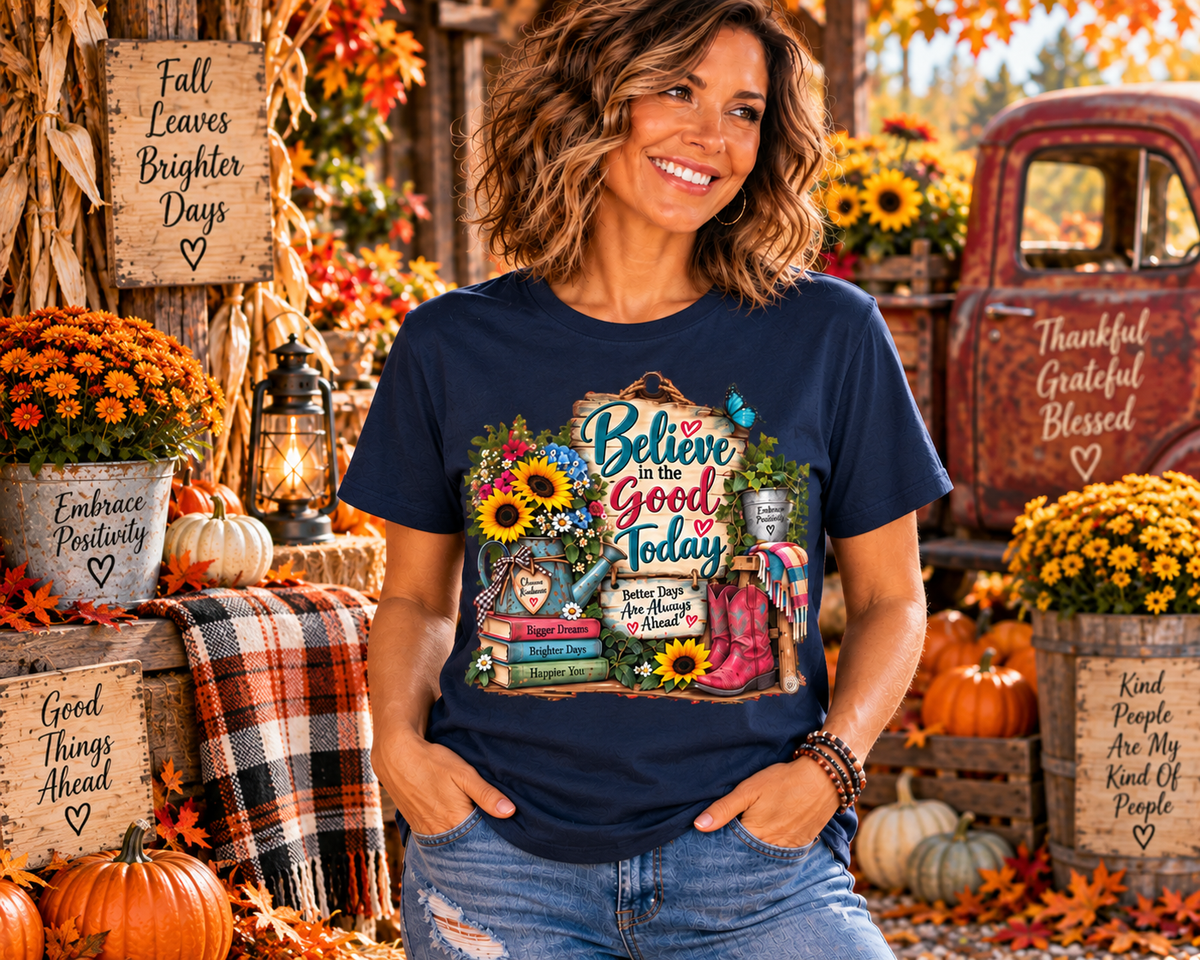 Believe In The Good Today T-Shirt — Floral Inspirational Graphic Tee for Readers & Teachers