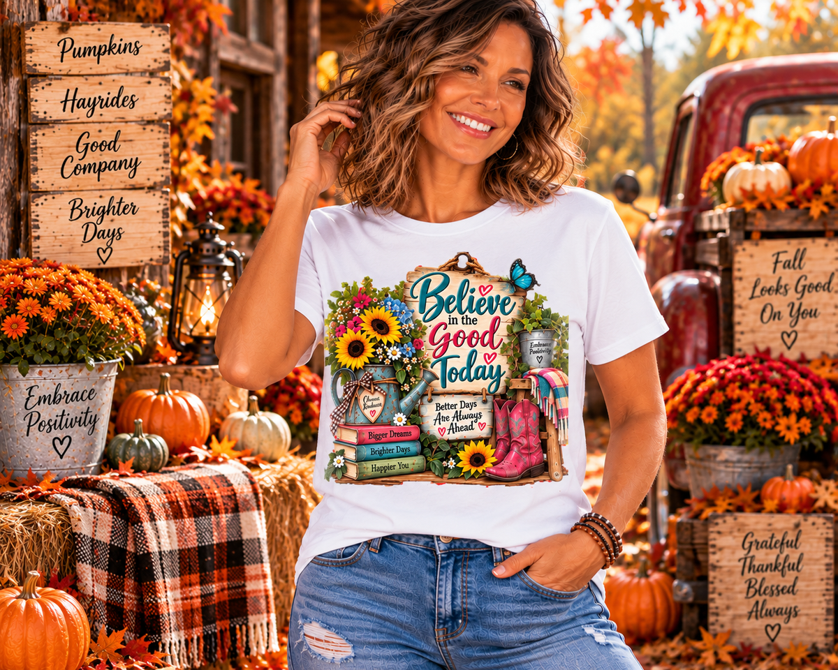 Believe In The Good Today T-Shirt — Floral Inspirational Graphic Tee for Readers & Teachers