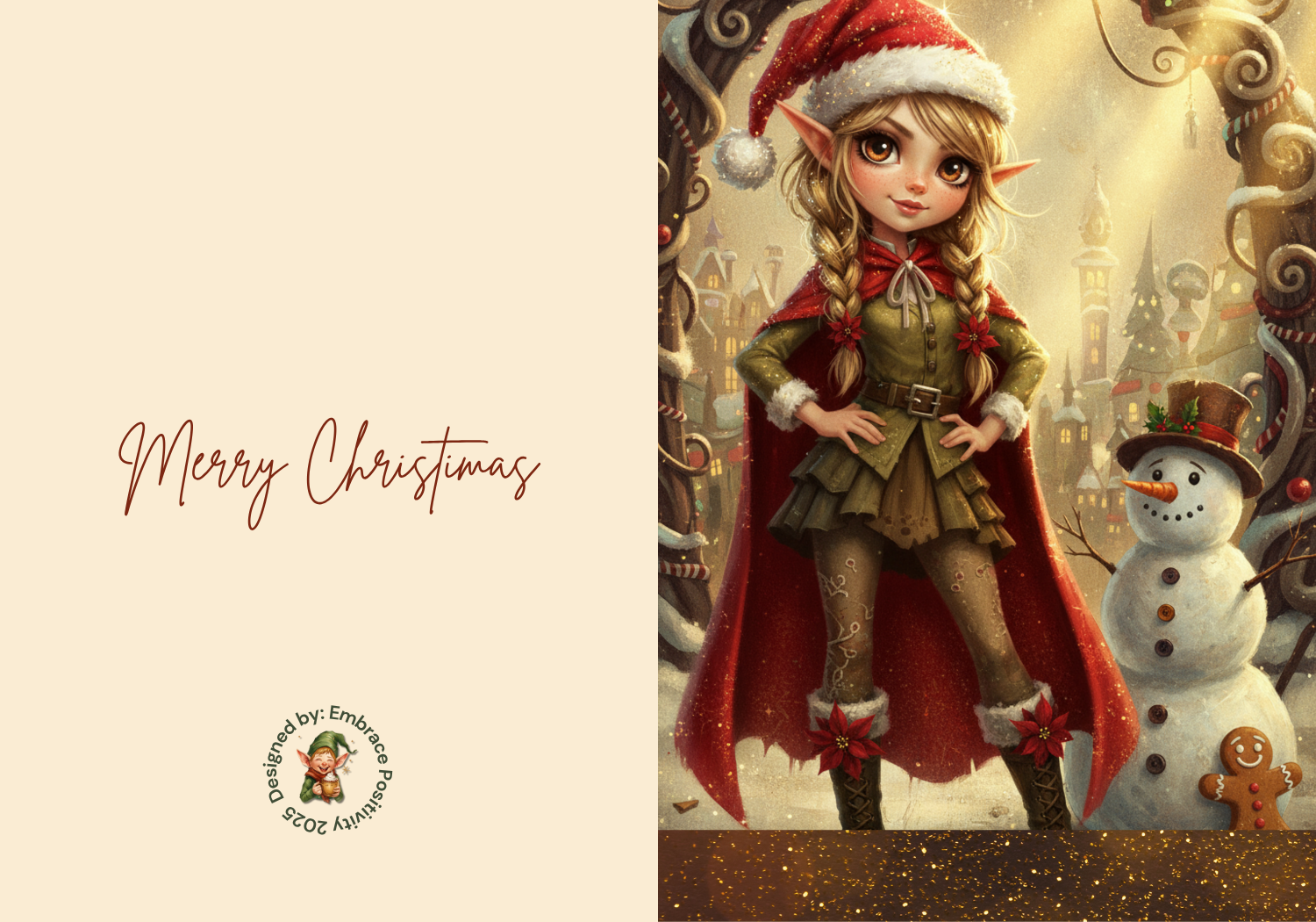 Whimsicle Elf Christmas Card featuring a confident female elf in festive attire with a snowman and holiday village background. Digital download for DIY cards.