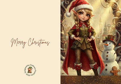 Whimsicle Elf Christmas Card Bundle - Digital Download featuring a festive female elf in red cape with snowman and village backdrop, ideal for holiday stationery.