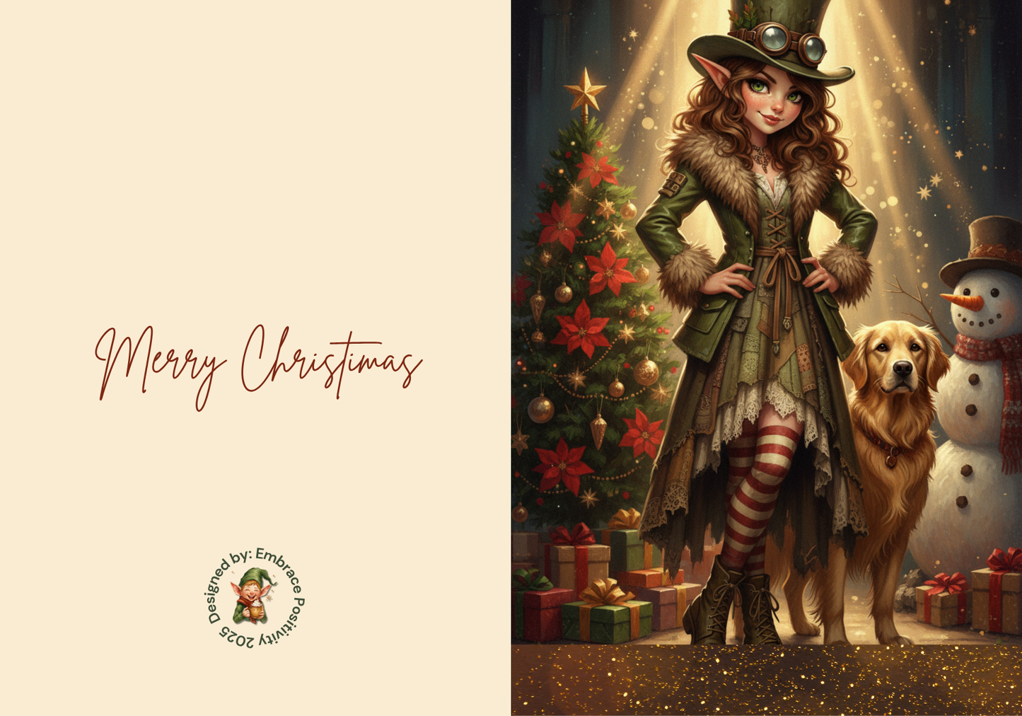 Whimsicle Elf Christmas Card Bundle - Digital Download featuring a steampunk-style elf with a golden retriever beside a Christmas tree and snowman. Festive design ideal for holiday stationery, DIY cards, and printable Christmas gifts.