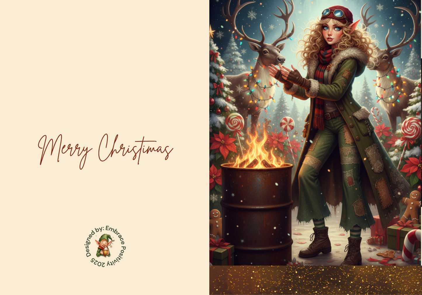Whimsicle Elf Christmas Card Bundle - Digital Download featuring a festive female elf in winter attire warming hands by a fire barrel with reindeer and holiday decor. Includes 'Merry Christmas' text and designed for printable holiday greeting cards.