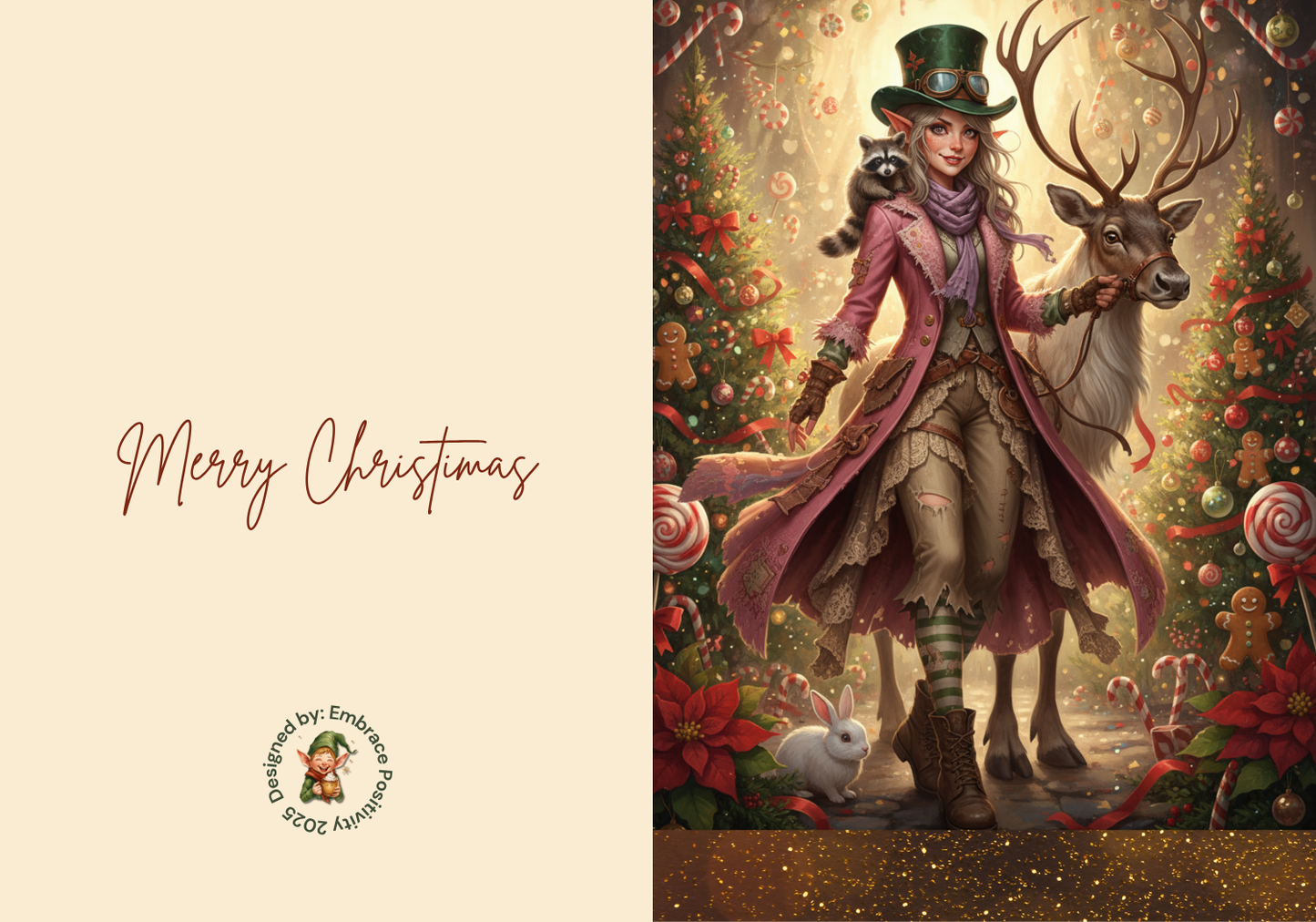Whimsicle Elf Christmas Card Bundle - Digital Download featuring a steampunk-style elf with a raccoon and reindeer in a festive forest. Includes 'Merry Christmas' text and holiday-themed background, ideal for printable holiday stationery and DIY Christmas cards.