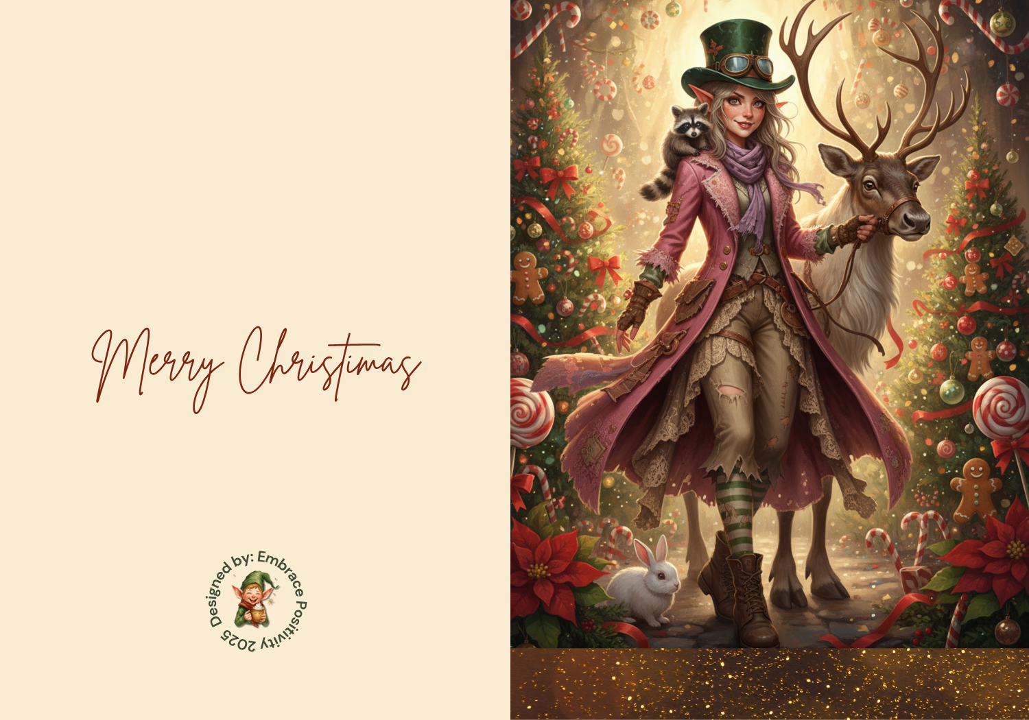 Whimsicle Elf Christmas Card Bundle - Digital Download featuring a steampunk-style elf with a raccoon and reindeer in a festive forest. Includes 'Merry Christmas' text and holiday-themed background, ideal for printable holiday stationery and DIY Christmas cards.