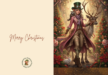 Whimsicle Elf Christmas Card Bundle - Digital Download featuring a steampunk-style elf with a raccoon and reindeer in a festive forest. Includes 'Merry Christmas' text and holiday-themed background, ideal for printable holiday stationery and DIY Christmas cards.