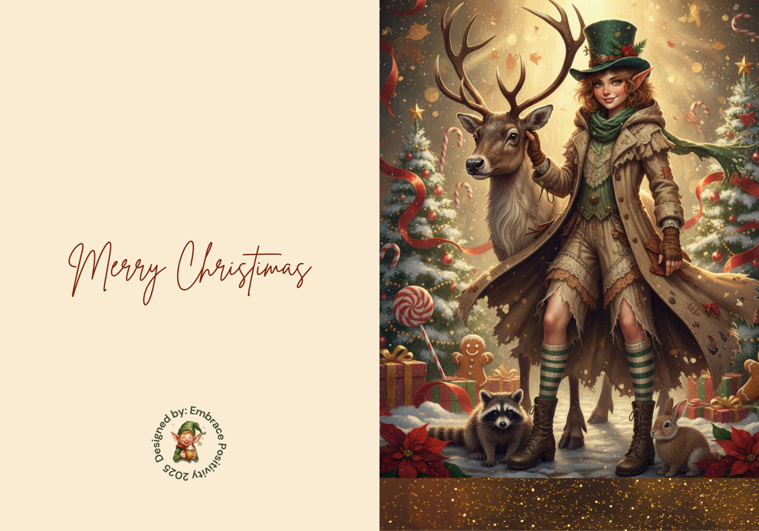 Whimsicle Elf Christmas Card Bundle - Digital Download featuring a festive elf in a green top hat with a reindeer, raccoon, and Christmas decor. Includes 'Merry Christmas' text and holiday-themed background, ideal for printable greeting cards.