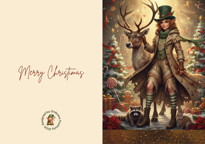 Whimsicle Elf Christmas Card Bundle - Digital Download featuring a festive elf in a green top hat with a reindeer, raccoon, and Christmas decor. Includes 'Merry Christmas' text and holiday-themed background, ideal for printable greeting cards.