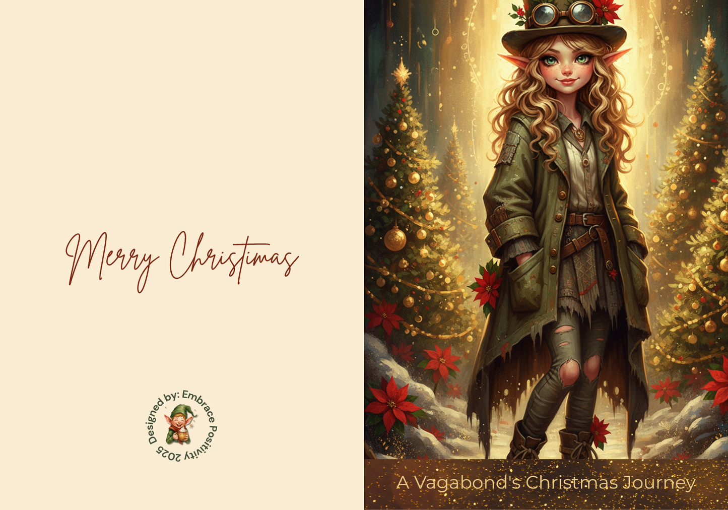 Whimsicle Elf Christmas Card Bundle - Digital Download featuring a steampunk-style elf girl in festive attire with Christmas trees and poinsettias. Includes 'Merry Christmas' text and 'A Vagabond’s Christmas Journey' title, ideal for printable holiday cards.