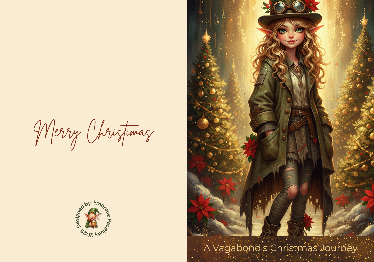 Whimsicle Elf Christmas Card Bundle - Digital Download featuring a steampunk-style elf girl in festive attire with Christmas trees and poinsettias. Includes 'Merry Christmas' text and 'A Vagabond’s Christmas Journey' title, ideal for printable holiday cards.