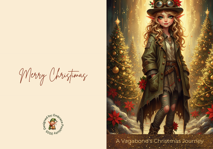 Whimsicle Elf Christmas Card Bundle - Digital Download featuring a steampunk-style elf girl in festive attire with Christmas trees and poinsettias. Includes 'Merry Christmas' text and 'A Vagabond’s Christmas Journey' title, ideal for printable holiday cards.