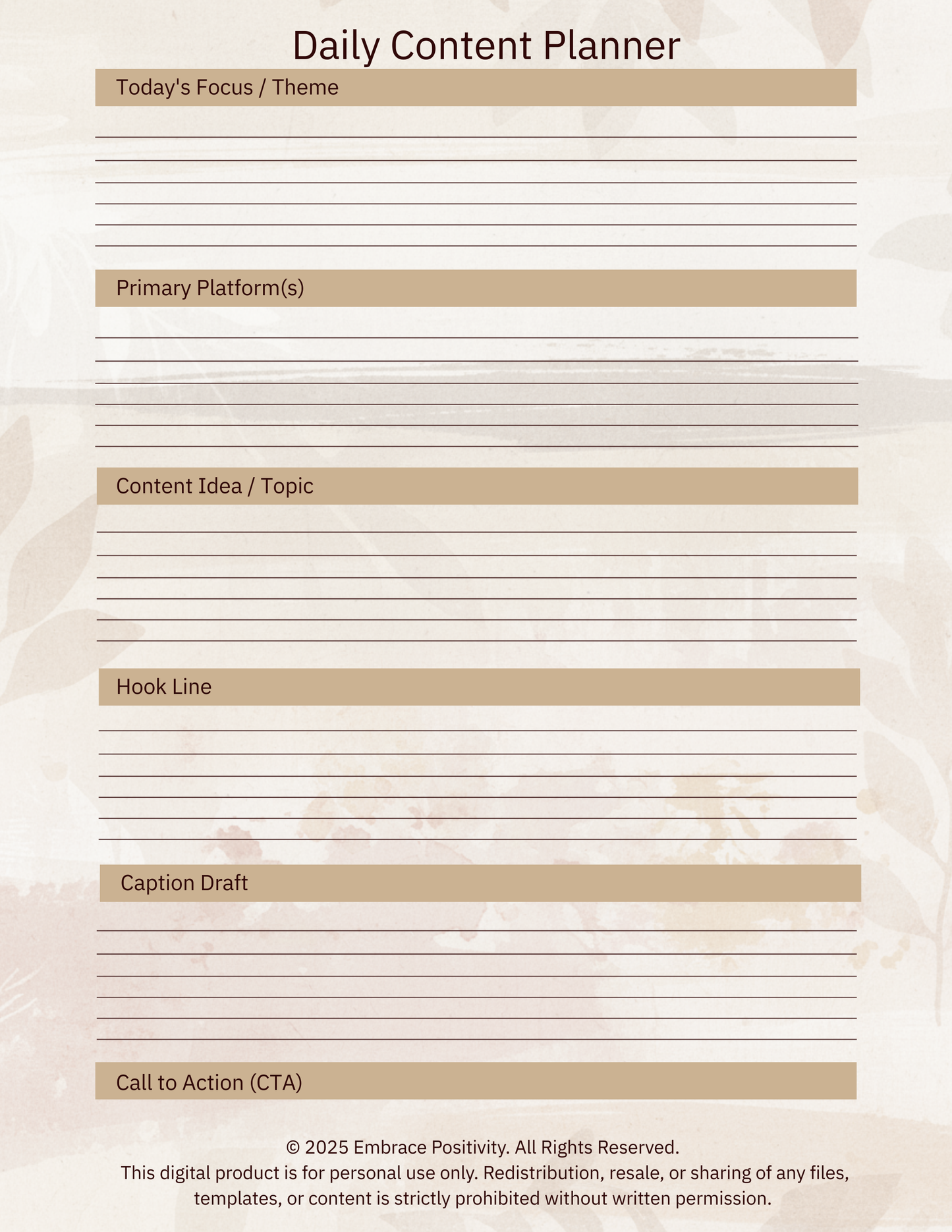 The Embrace Positivity Content Creator Planner - Digital Marketing Content Planner Set — Daily, Weekly & Monthly | Canva-Ready