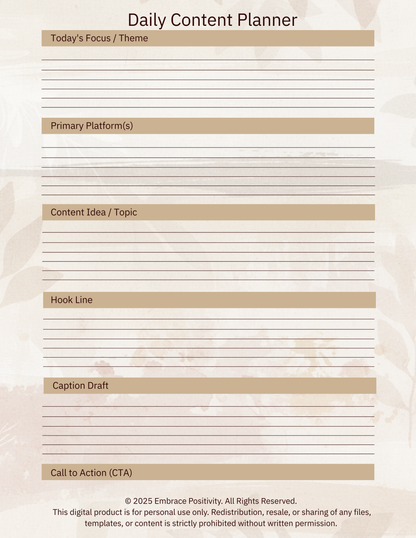 The Embrace Positivity Content Creator Planner - Digital Marketing Content Planner Set — Daily, Weekly & Monthly | Canva-Ready